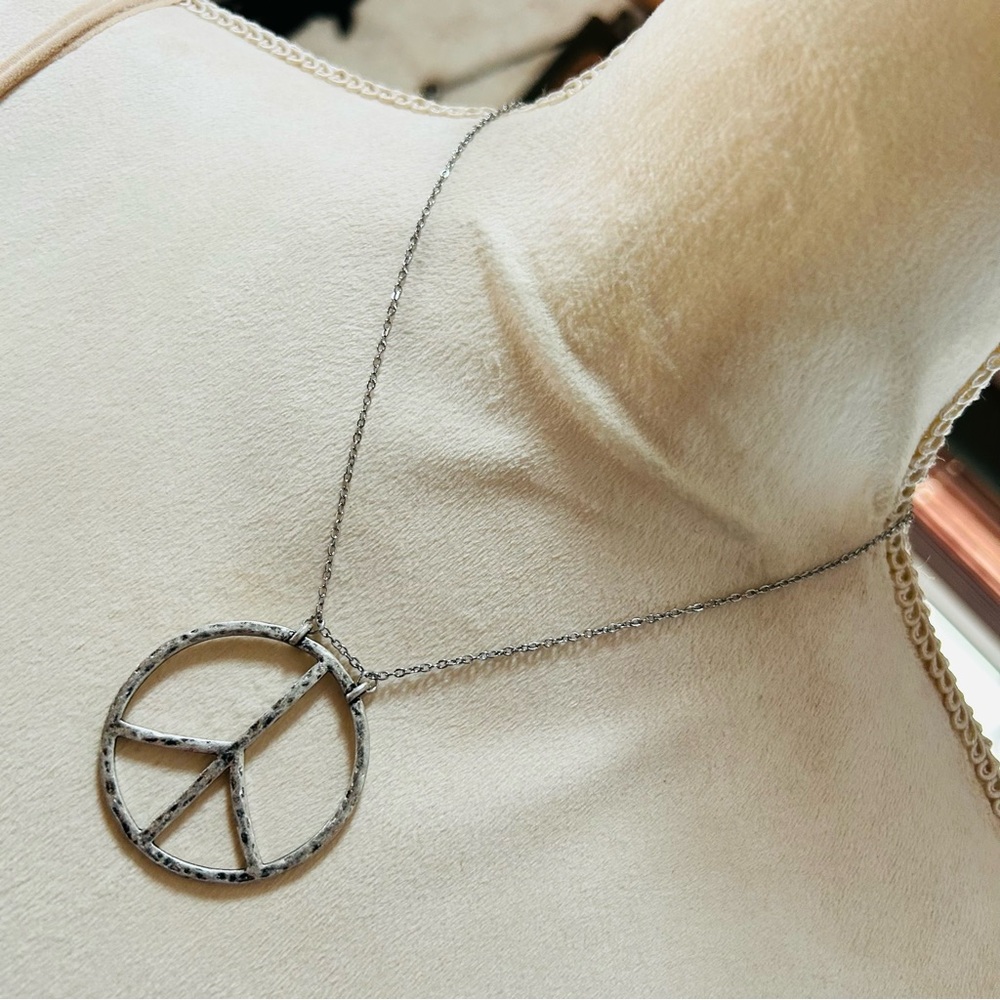 Handcrafted large hammered groovy peace sign pendant on chain necklace